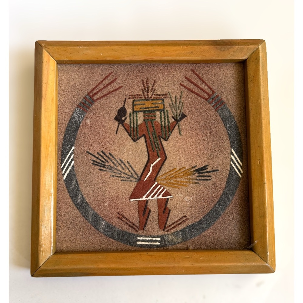 Vtg Crooked Rainbow God Framed Sand Art Painting Signed Navajo Native American